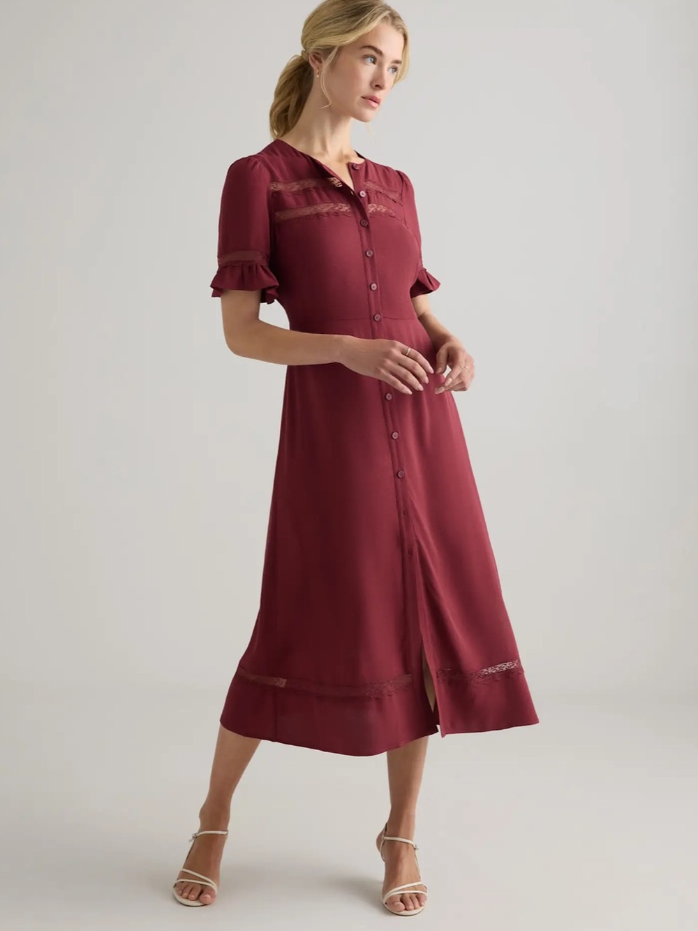 Quince Lightweight Crepe Lace Inset Midi Dress Maroon Small